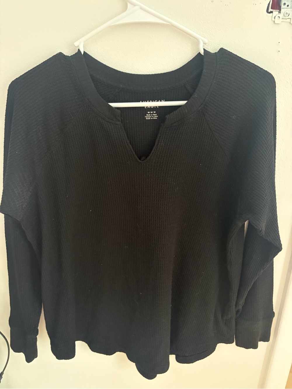 American Eagle Outfitters Black Waffle Knit Notch Neck Long Sleeve Top